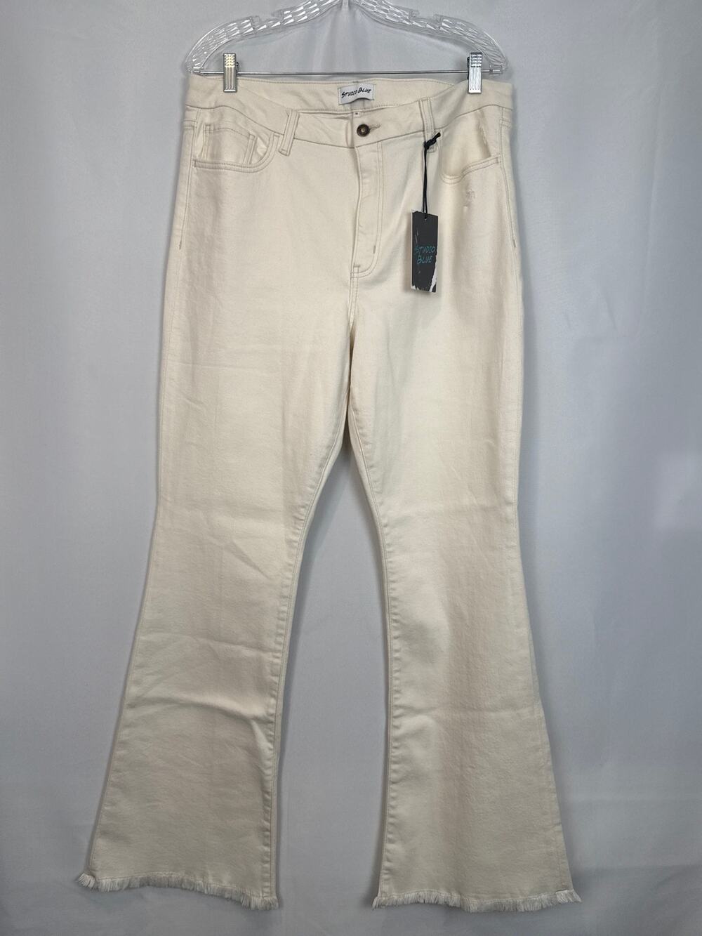 NWT Studio Blue Ivory Cream Flare Jeans Sz 33 Raw Hem Stretch Boho